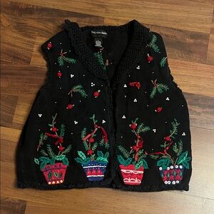 Vintage Hampshire Studio Festive Black Embroidered Holiday Knit Vest Large